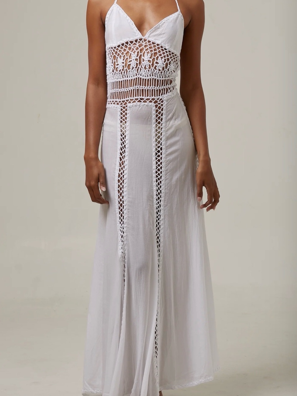 White Crochet-Panel Spaghetti Strap Maxi Coverup